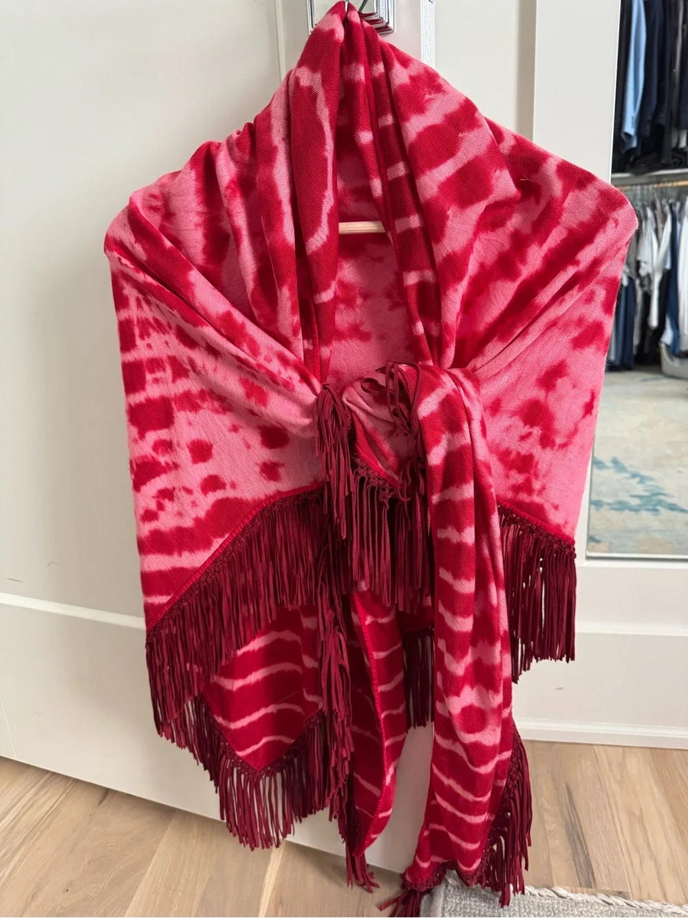 Bajra Cashmere Silk Tie Dye Raspberry triangle scarf with leather fringe